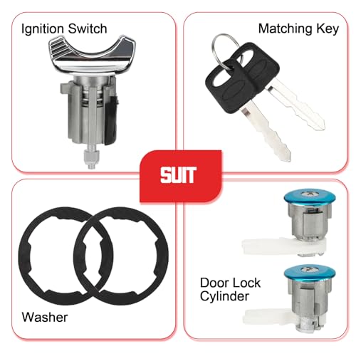 C42150 Ignition Switch Lock Cylinder & Front Door Lock Cylinder w/Key for 90-96 Ford E150 E250 E350 F150 F250 F350 Mustang Bronco Taurus/Mercury Sable Replaces# C-42-150 DP-42-122 F3UZ1522050D