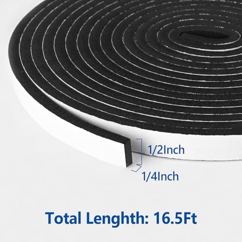 Kikerike Self Adhesive Foam Tape Weatherstrip 1/2In x 1/4In x 16.5Ft High Density Foam Insulation Strips Seal Weather Stripping with Strong Adhesive for Door and Window Sound Isolation Soundproofing