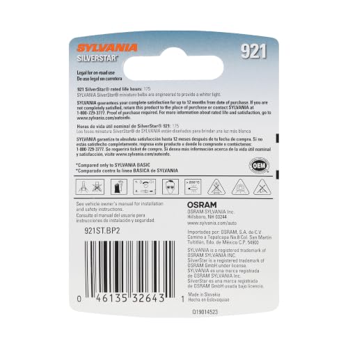 SYLVANIA - 921 SilverStar Mini Bulb - Brighter and Whiter Light, Ideal for Center High Mount Stop Light (CHMSL) and More (Contains 2 Bulbs)