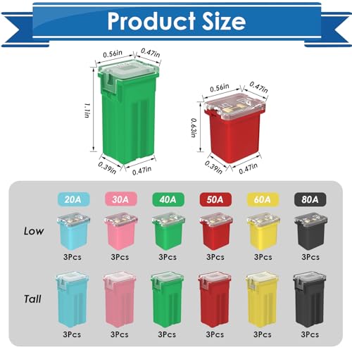 Eoppen 36Pcs Car Fuses Assortment Kit Automotive Tall/Standard and Low Profile Box Shaped Automotive Fuses for Trucks Cars and SUVs (20A, 30A, 40A, 50A, 60A, 80A)
