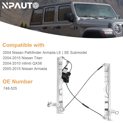 Front Right Passenger Side Power Window Regulator with Motor Replacement for 04-15 Nissan Titan, Nissan Armada, Infiniti QX56, 2004 2005 2006 2007 2008 2009 2010 2011 2012 2013 2014 2015, 748-525