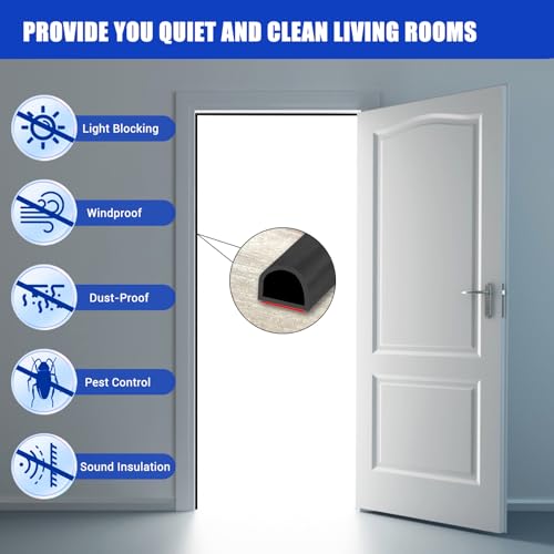 Weather Stripping Door Seal Self Adhesive Weather Strip Silicone D Shaped Door Seal Strip for Door Frame/Window Seal, 20Ft, Black (3/8" W × 1/4" T)