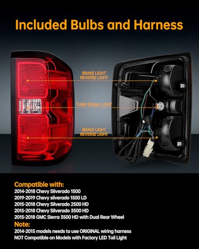 OKLPF Rear Brake Tail Lights Compatible With 2014-2018 Chevy Silverado 1500 2500HD 3500HD,GMC Sierra 3500 HD,Replacement Red Taillights Assembly,Included Bulbs and Harness,Right Passenger Side