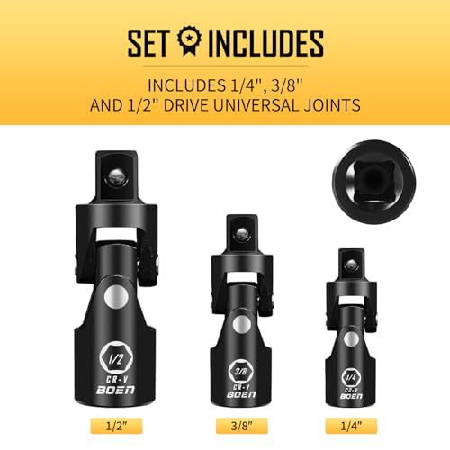BOEN Universal Joint Socket Adapter Set | 3-Piece Ball Spring Design 1/2", 3/8", and 1/4" U-Joint Drive | Chrome Vanadium Steel Universal Joint Set