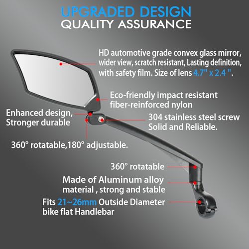 BriskMore Handlebar Bike Mirror - Crystal Clear HD Glass, 360° Adjustable&Foldable Mirror for Safe Riding, Wide Angle Rearview for E-Bikes, Mountain Bikes & Scooters,Bicycle Mirrors,Left Side Mount
