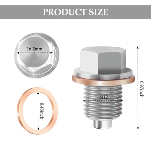 M12x1.5 Magnetic Oil Drain Plug & 5PCS Oil Drain Plug Gasket,Stainless Steel Engine Oil Drain Plug Replacement OEM#58030021000,420241700,Compatible with BMW Mercedes-Benz Honda