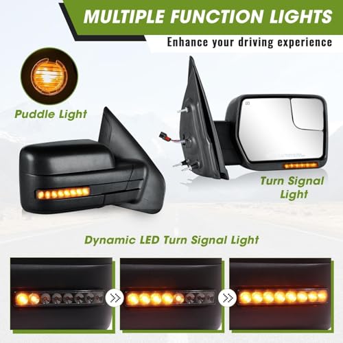 SIZIOM Side Mirrors for 2004-2014 Ford F-150 with Dynamic Turn Signal Puddle Light Heated Power Glass Manual Folding Tow Mirrors- Pair
