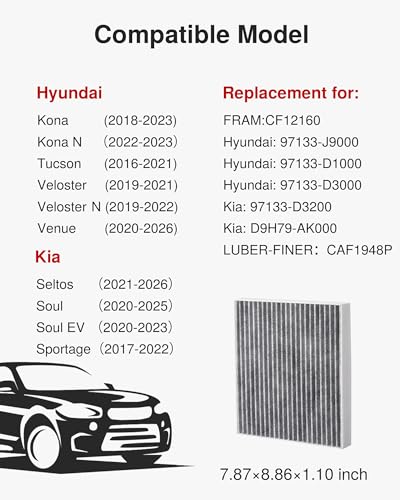 Puroma Cabin Air Filter with Activated Carbon, Compatible with CF12160, CAF1948P, Hyundai Kona 18-23, Tucson 16-21, Veloster 19-21, Venue 20-24, KIA Seltos 21-24, Soul 20-24, Sportage 17-22
