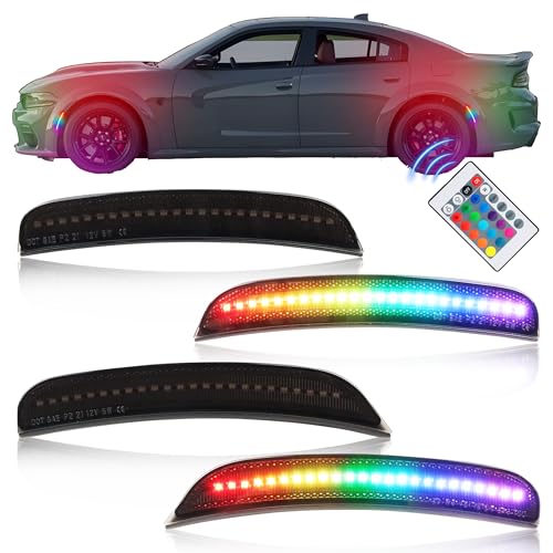 OFFKAT Full LED Side Marker Lights for Dodge Charger RT SXT R/T GT 2015-2023, Smoked Lens RGB LED Side Markers, Front & Rear Turn Signal Marker Lights, 4 PCS