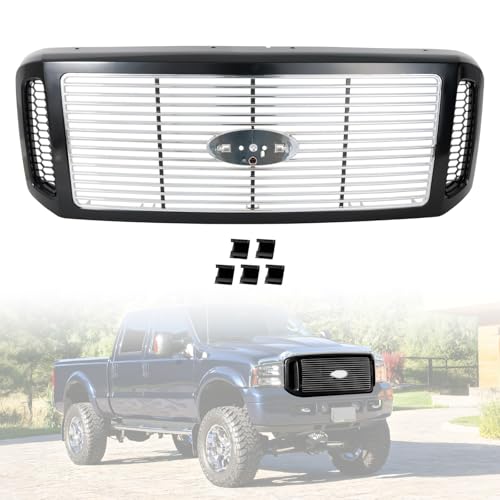 Chrome Insert Grille Assembly With Billet Black Shell Heavy Duty Fits for Ford 2005-2007 F-250 F-350 F-450 Plastic Replaces FO1200458