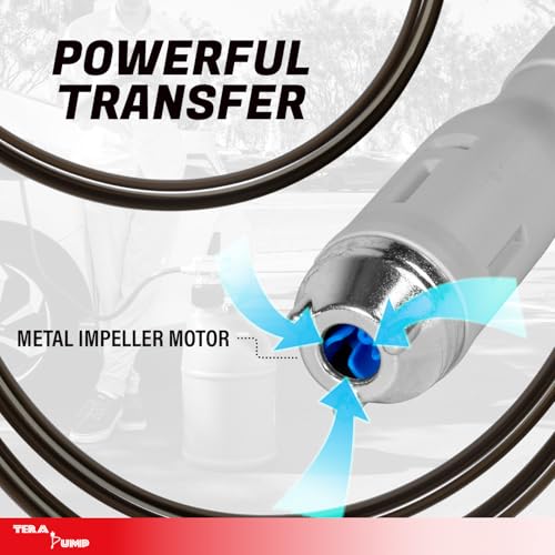 TERA PUMP TRFA01-XL 2nd Gen. Battery Powered Overfill Protection Fuel Transfer Pump w/Universal Gas Can & Utility Jug Adapter, 4.27ft Vinyl Hose, 2.5 GPM for Gas Diesel E15 E85 Fuels