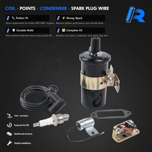 Ignition Coil, Points, Condenser, Spark Plug & Wire, Fit for Kohler K-Series Tractor Engine K90 K91 K141 K161 K181 K241 K301 K321 K341 K361 K482 K532 K582 Replace# 47 150 01-S, 230722-S