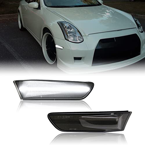 Aexploer Side Marker Lights LED Compatible with G35 2D Coupe 2003-2007 / for Skyline V35 Coupe 2002-2007,Front Fender Bumper Side Markers Lamps(White Lights Smoked Len)
