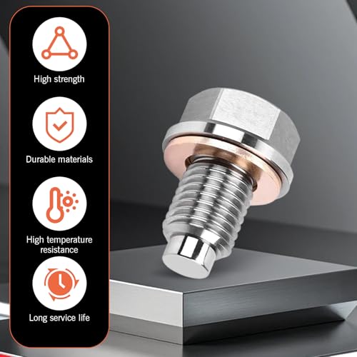 M12 x 1.5 Magnetic Oil Drain Plug, Magnetic Stainless Steel Oil Pan Drain Nut Bolt with 5 PCS Copper Crush Washer Anti Leakage, Universal Leak-proof Replacement,Fits Most Cars, Motorcycles, Boats