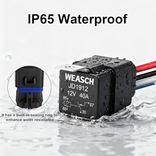 Weasch Waterproof Relay Kit, 12V 40A, 4 Pin SPST, Heavy Duty 14 AWG Tinned Copper Wires Automotive Relay and Harness Set for Automotive Car Marine Boat