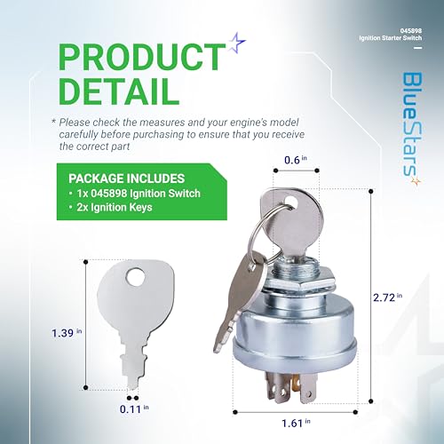 BlueStars 045898 Ignition Starter Switch 2 Keys - Compatible with Hustler Exmark Lazer Z Super Z Mini Z Hydro Walk Behind Mini - Replaces Husqvarna 532158913 Toro 1-543070 Bobcat 128010 AYP 158913