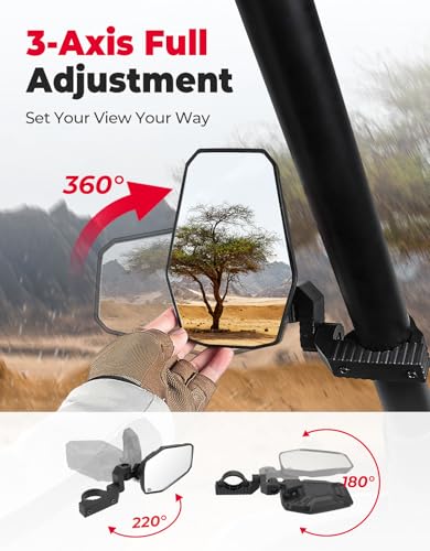 KEMIMOTO UTV Side Mirrors, UTV Mirrors for 1.65-2 inch Roll bar Compatible with Polaris RZR, Can-Am Maverick X3, Pioneer, Talon, Teryx, Gator, CFMOTO, Multi-Adjustment Convex Mirrors