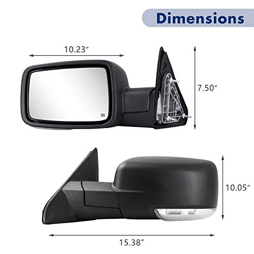 Side Mirror Compatible with Towing Mirror 2009-2018 Dodge Ram 1500 2010-2018 Dodge Ram 2500 3500 4500 5500 with Power Heated Turn Signal temperature sensor Manual Folding Only Left Side