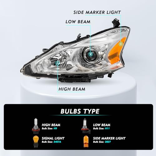 TUSDAR Upgraded Lens Headlights Assembly Fit for 2013-2015 Nissan Altima Halogen Headlamps Replacement Chrome Housing with Amber Reflector