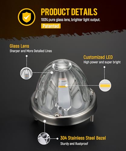 Partsam 2Pcs Glass Watermelon Lights [Patented] Clear Lens Amber LED Side Marker Turn Signal Lights with Bezel Replacement for Kenworth Peterbilt Freightliner Trucks