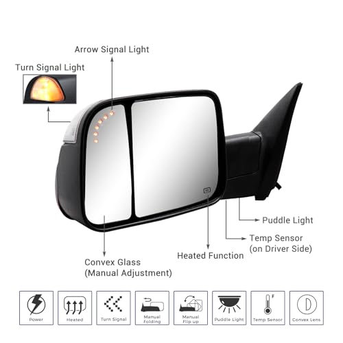 Towing Mirror for Dodge Ram - Replacement fit for 2009-2018 Dodge Ram 1500 2500 3500 Pickup Truck with Power Adjusted Glass Heated LED Turn Signal Light Puddle Lamp Temp Sensor Flip Up Pair Set