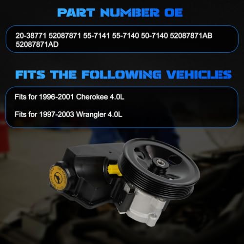 YOMALL Power Steering Pump 20-38771 for 1997 Wrangler & 1998 Wrangler & 1999 Wrangler & 2000 Wrangler & 2001 Wrangler & 2002 Wrangler 2003 Wrangler TJ 4.0L & 1996-2001 Cherokee 4.0L XJ