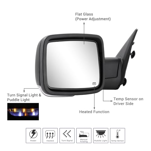 Side Mirror Compatible with Towing Mirror 2009-2018 Dodge Ram 1500 2010-2018 Dodge Ram 2500 3500 4500 5500 with Power Heated Turn Signal temperature sensor Manual Folding Only Left Side