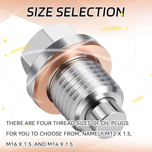 HHZL M14 x 1.5 Magnetic Oil Drain Pan Plug, Oil Pan Drain Plug Nut Bolt with 5 PCS Copper Crush Washer Gasket, Universal Engine Stainless Steel Oils Change Kit Leak-Proof Replacement for Most Vehicle