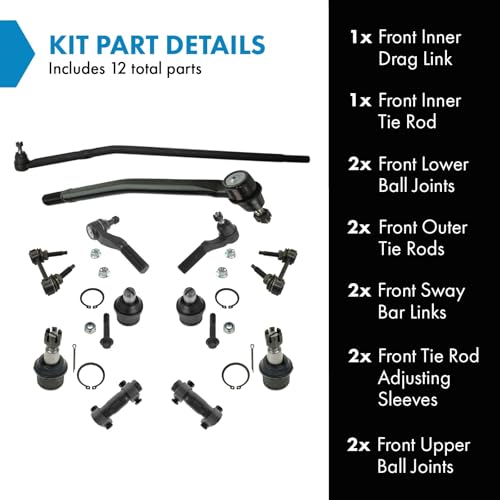 TRQ 12pc Steering Suspension Kit Ball Joints Tie Rods Sway Bar Ends Drag Link Compatible with 2008-2014 Ford E-150 E-250 2008-2019 E-350 Super Duty