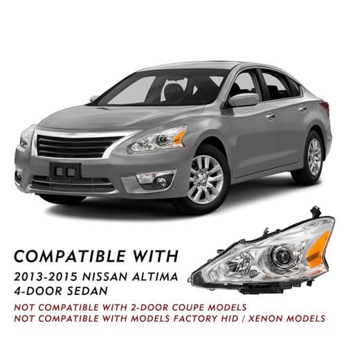 TUSDAR Upgraded Lens Headlights Assembly Fit for 2013-2015 Nissan Altima Halogen Headlamps Replacement Chrome Housing with Amber Reflector