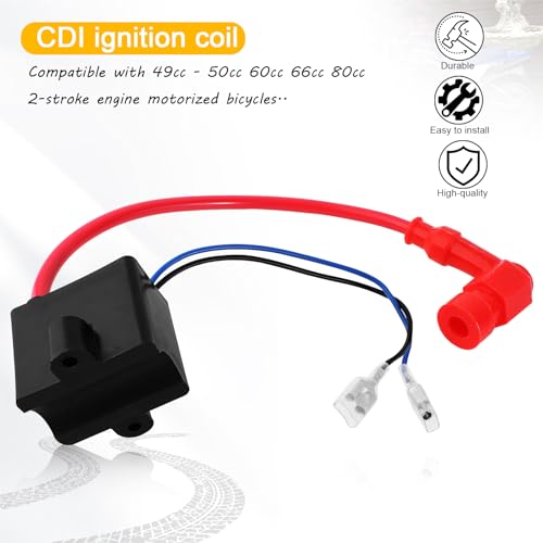 QAZAKY High Performance CDI Ignition Coil Compatible with 49cc - 50cc 60cc 66cc 80cc 2-stroke Engine Motor Motorized Bicycle Bike With Mounting Parts