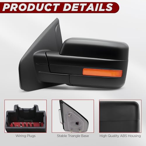 PZ Towing Mirrors Compatible with Ford F150 2007-2014, Power Heated Mirrors With Amber Signal and Puddle Light, Power Adjustable Driver and Passenger Side Tow Mirrors Replacement Pair Set Black