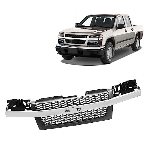 JustDrivably Front Grille Grill With Dark Gray Mesh Insert Compatible With 2004-2012 Chevrolet Colorado (With Chromed Center Molding Bar)