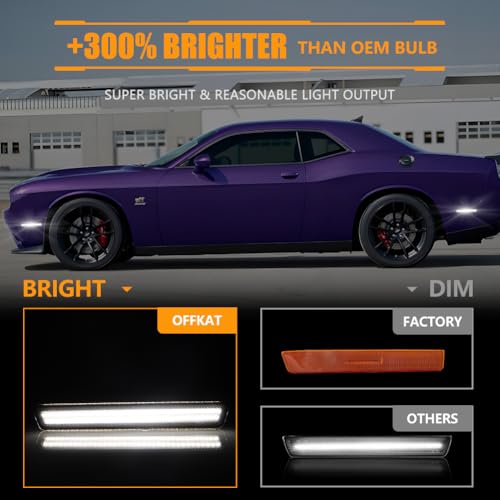 OFFKAT Front & Rear Fender [Ultra-Bright] 2-Row Full LED Side Marker Lights for Dodge Challenger 2015-2023, Smoked Lens White LED Side marker Lamps, Replace OEM#: 68195788AB, 68195797AB, 4 PCS