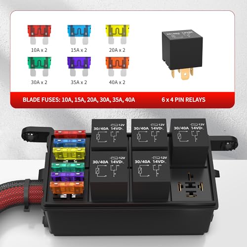 RVBOATPAT 12V Fuse Relay Box 6 Way Relay Fuse Box Pre-Wired Waterproof Relays Box with 6 Relays and 12 ATC/ATO Fuses Relay Panel for Automotive Car Marine Boat