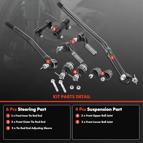 A-Premium Set of 10, Upper Lower Ball Joint, Inner Outer Tie Rod End, Steering Drag Link, Adjusting Sleeve Compatible with Ford E-250, E-250 Econoline, E-350 Club Wagon, E-350 Econoline, E-350/450 SD