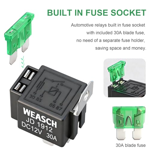 Weasch Fuse Relay Switch Kit, 12V 30A, 4 Pin SPST, 30A Switch Harness Set, Automotive Electrical Relays with 14 AWG Hot Wires (1)