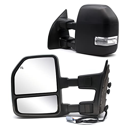 JZSUPER Towing Mirrors fit for 1999 2000 2001 2002 2003 2004 2005 2006 2007 Ford F250 F350 F450 F-550 Super Duty Power Heated Turn Signal Auxiliary Light Black Cap