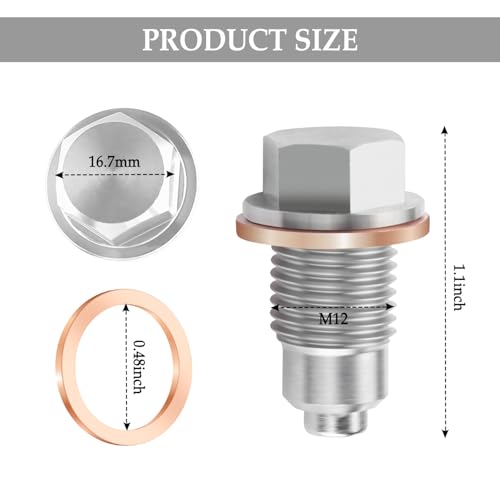 M12x1.25 Magnetic Oil Drain Plug & 5PCS Oil Drain Plug Gasket,Stainless Steel Engine Oil Drain Plug Replacement OEM#0924712101,06331-35012,Compatible with Toyota Lexus Arctic Cat