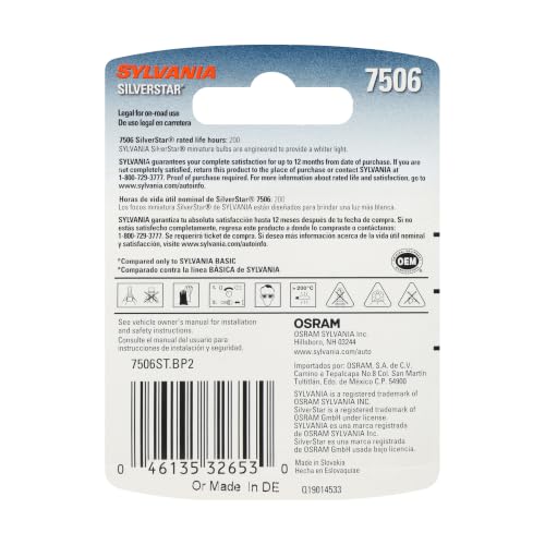 SYLVANIA - 7506 SilverStar Mini Bulb - Brighter and Whiter Light, Ideal for Daytime Running Lights (DRL) and Back-Up/Reverse Lights (Contains 2 Bulbs)