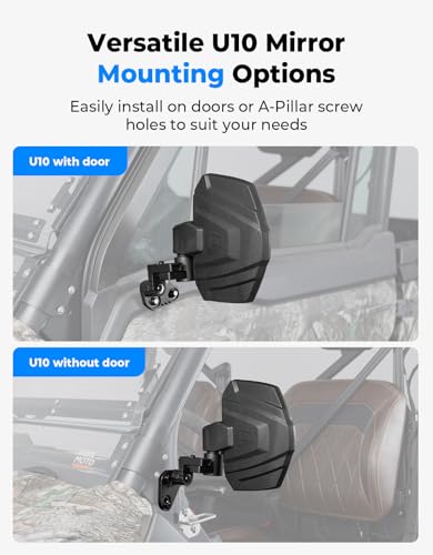 KEMIMOTO Large Side Mirrors A-pillar UTV Mirror Compatible with Polaris Ranger XP 1000/ Crew XP 1000 2018-2026, CFMOTO UFORCE U10, Extension Adjustable Side Mirrors Mounted on ROPS bar