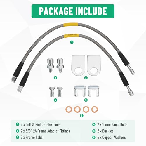 Racewill 2PCS Stainless Steel Brake Lines, Compatible with GM Metric Brake Vehicles, with 10mm Banjo to 3/8"-24 Inverted Flare Female Swivel Adapter and Frame Tabs