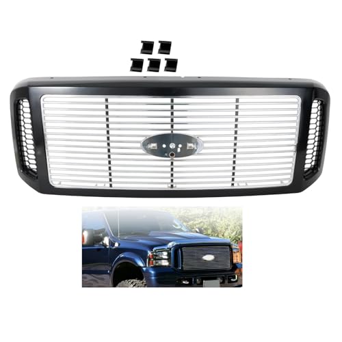 Chrome Insert Grille Assembly With Billet Black Shell Heavy Duty Fits for Ford 2005-2007 F-250 F-350 F-450 Plastic Replaces FO1200458