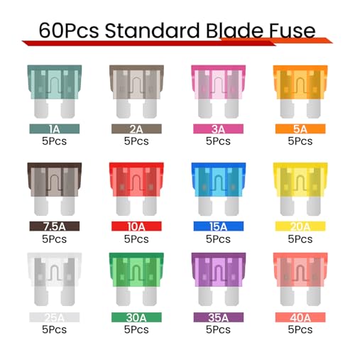 60Pcs Standard Car Fuse Kit, Automotive Fuses Assortment kit(1A/2A/3A/5A/7.5A/10A/15A/20A/25A/30A/35A/40A), Blade Fuse for Car/RV/Truck/Boat/Marine