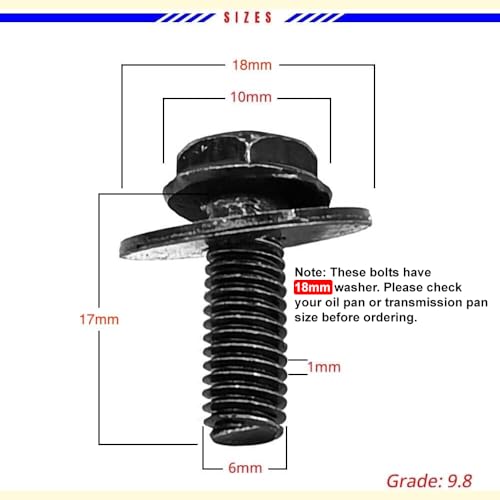 71315-122382A 30x M6 Bolts, 1.0 x 17mm Loose Washer Hex Head SEMS Body Bolts, Transmission Pan Bolts, Oil Pan Bolts with 18mm Washer, Replaces OEM 11508930, M6 Screws for Toyota, Subaru, Dodge & More