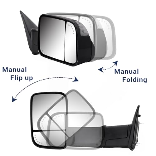 Towing Mirror for Dodge Ram - Replacement fit for 2009-2018 Dodge Ram 1500 2500 3500 Pickup Truck with Power Adjusted Glass Heated LED Turn Signal Light Puddle Lamp Temp Sensor Flip Up Pair Set