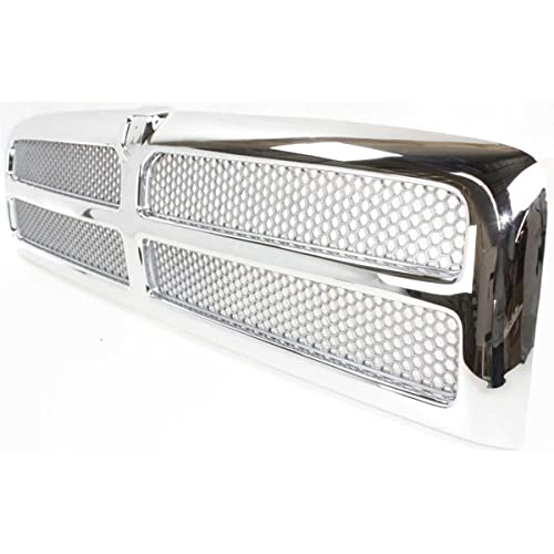 Front Grille Assembly Compatible With Dodge Ram 1500 Grill 1994-2002 / Ram 2500 3500 1994-2001 With Chrome Frame Shell With Chrome Honeycomb Mesh Insert (Except Sport Package)