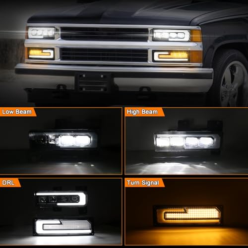 MOVOTOR LED Headlight Assembly 500% Bright Anti-glare Headlights with Welcome DRL Turn Signal Compatible with 1988-1998 Chevy GMC C/K 1500 2500 3500 Suburban Silverado Tahoe Yukon