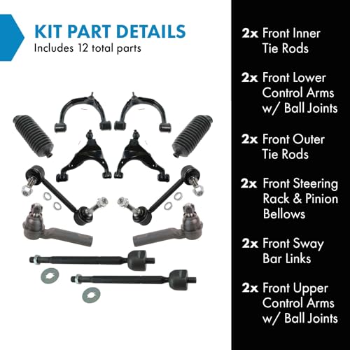 TRQ Front Steering & Suspension 12 Piece Kit Control Arms with Ball Joints, Sway Bar Stabilizer Links, Tie Rods Compatible with 2005-2015 Toyota Tacoma - VERIFY FITMENT