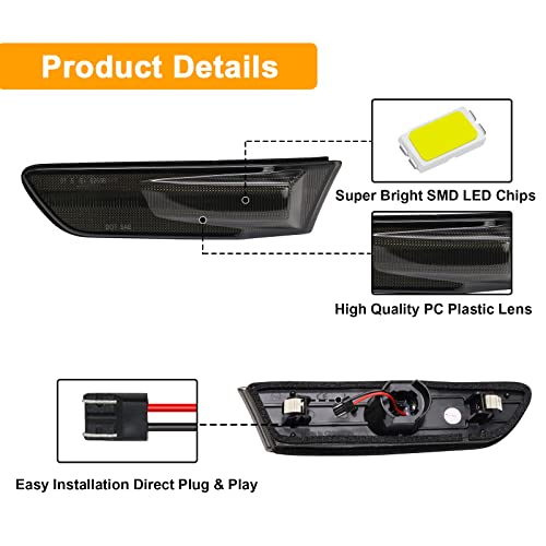 Aexploer Side Marker Lights LED Compatible with G35 2D Coupe 2003-2007 / for Skyline V35 Coupe 2002-2007,Front Fender Bumper Side Markers Lamps(White Lights Smoked Len)